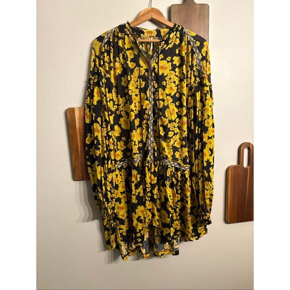 Free People Yellow Black Combo Floral Embroidered Love Letter Mini Dress Small - Picture 2 of 10